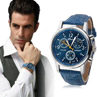 Luxury Men's Leather Analog Blue Watch