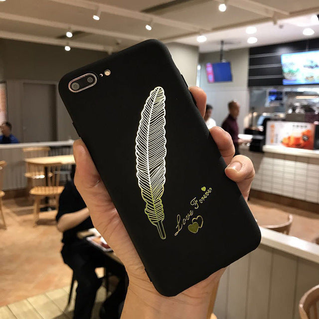 Phone Cases  TPU  Fashion feathers Black Frosted Silicon Phone soft Cover case Capa  for IPhone 6 6s 7 8 Plus X 10 7plus 8plus